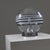 Large table lamp with chromed metal base and transparent glass diffuser with black and white decorative lines. European...