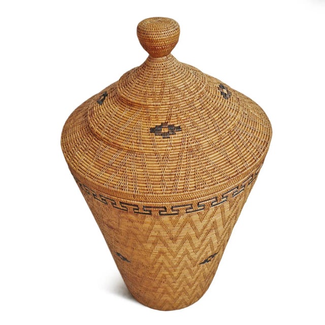 Vintage large hand woven basket from Sumatra with lid. Height without lid is 27.5". Each basket will have slight natural...