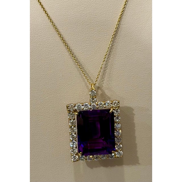 58 Ct Emerald Cut Amethyst & 7 Ct Diamond Pendant Necklace 14KY Gold + Chain For Sale - Image 10 of 18