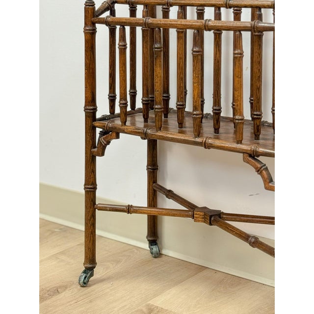 Mid 20th Century Vintage Magazine Rack English Canterbury Dark Faux Bamboo Wheels Rare Find For Sale - Image 5 of 10