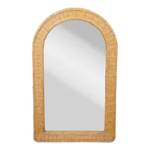 Vintage Bohemian Chic Woven Wicker Arched Wall Hanging Vanity Mirror