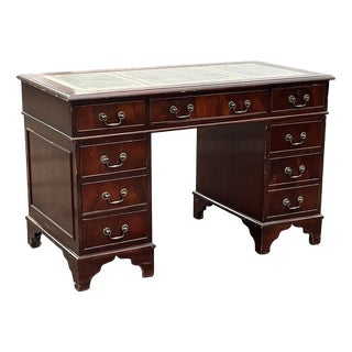 Pedestal Desk in Flame Veneer Mahogany with Green Leather Top For Sale