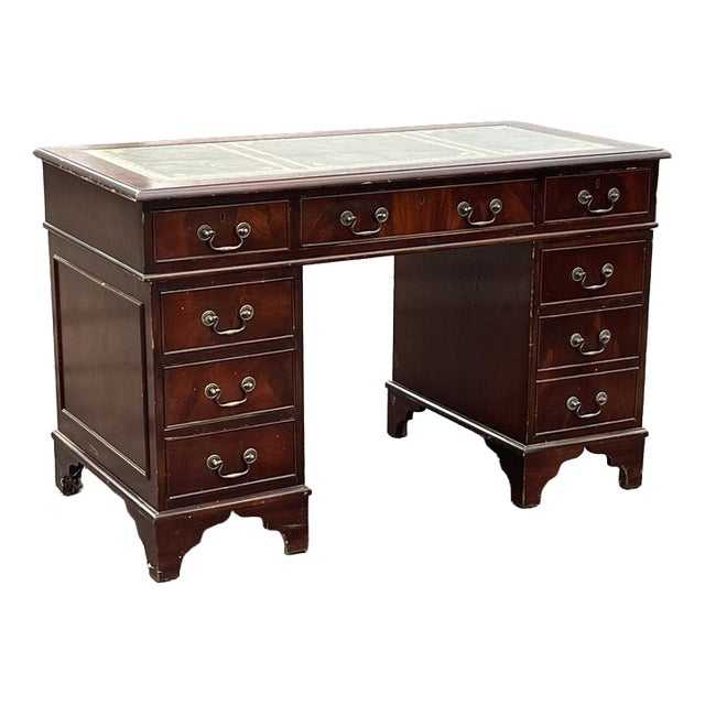 Pedestal Desk in Flame Veneer Mahogany with Green Leather Top For Sale