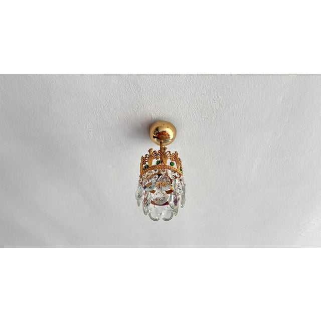 Vintage Small Brass & Emerald Green Crystal Crown Flush Mount – 1 Light For Sale - Image 16 of 18