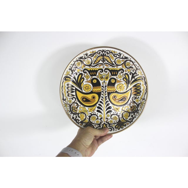 Mediterranean Vintage Nassos Rodos-Hellas Hand Made Greek Wall Hanging Plate Yellow Black Gold Birds For Sale - Image 3 of 8
