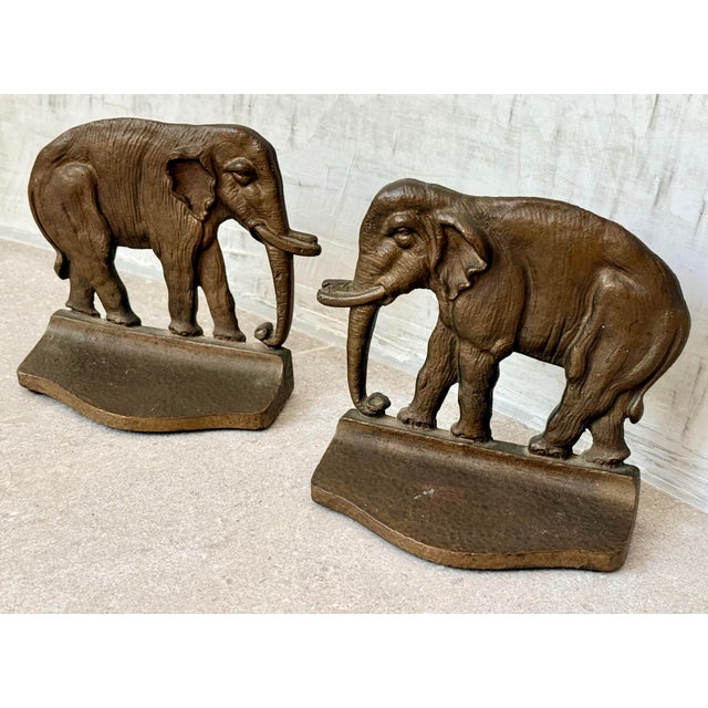 Bronze Stately Antique 1920’s Finely-Cast With Bronze Finish, ‘Mirrored’ Pair Elephant, Pachyderm Bookends For Sale - Image 8 of 12