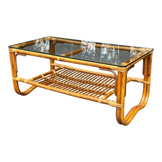Vintage Albini Style Rattan and Glass Top 2 Tiered Coffee Table For Sale