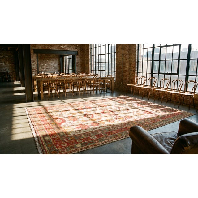 1900s Ivory Tribal Large Scale Antique Oushak Decorative Rug 6' 10"x 11' 6" Knotted Wool Carpet For Sale - Image 11 of 12