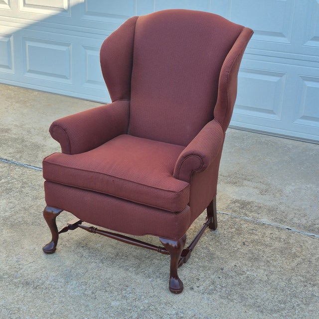 2000s Pennsylvania House Manor Burgundy Chippendale Style Wingback Arm Chair Mahogany Legs For Sale - Image 13 of 13