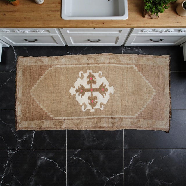 Small Turkish Rug Yastik Hand Knotted Undyed Organic Wool Petite Rug Mat Doormat - 19'' X 39'' For Sale - Image 4 of 14