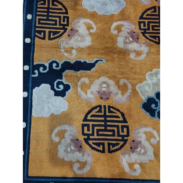 1960s Orange Cloud Bands Symbols Antique Chinese Peking Rug 7'2" X 10'4" Knotted Wool Carpet For Sale - Image 9 of 10