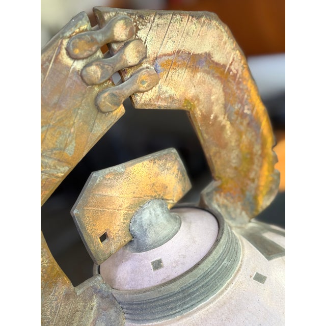 Large Vintage Gerald & Kelly Hong Signed Raku Ceramic Vessel Postmodern Vessel Lidded Jar 18" For Sale - Image 15 of 17