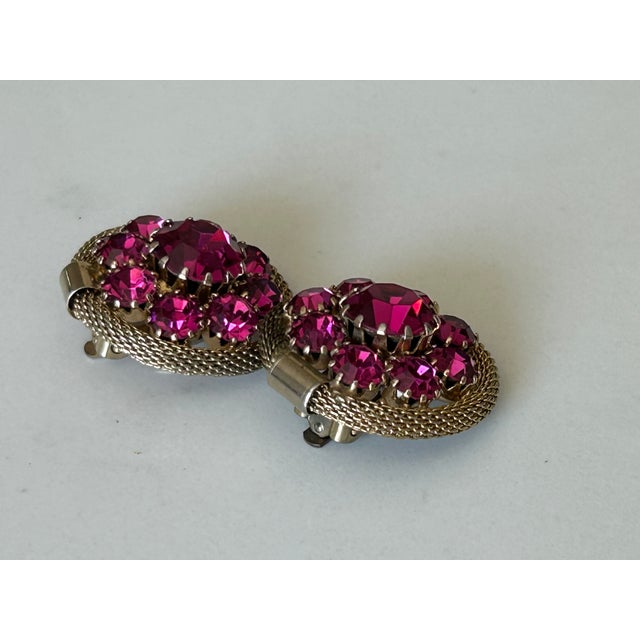 Vintage Weiss Magenta Pink Rhinestone Earrings Gold Tone Rhinestone Cluster Clip-Ons, A Pair For Sale - Image 9 of 14