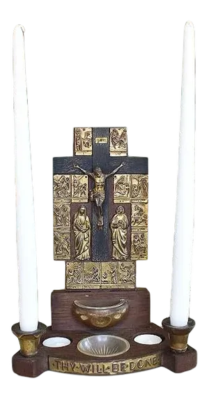 Antique Italian Holy Water Font With Brass Relief and Candle Holders
