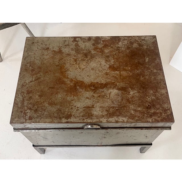 Metal Antique Industrial Steel Trunk Chest on Stand With Aged Patina For Sale - Image 7 of 7