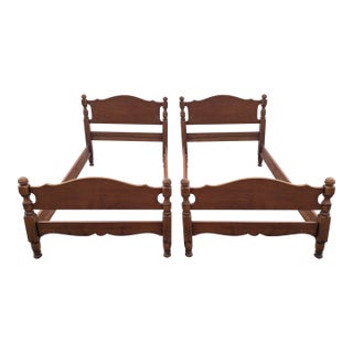 Vintage American Colonial Carved Cherry Wood Twin Size Bedframe - A Pair For Sale