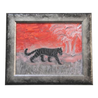 Tiger Landscape Tribal Folk Art Abstract Gray Red Orange White Original Oil Painting Cleo Plowden For Sale