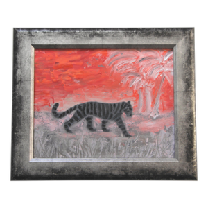 Tiger Landscape Tribal Folk Art Abstract Gray Red Orange White Original Oil Painting Cleo Plowden
