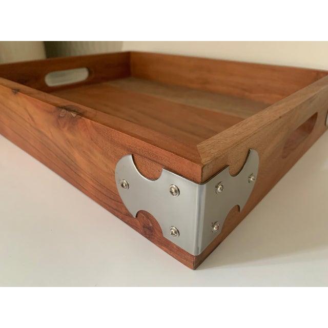 Traditional Early 21st Century Wood Tray With Metal Bracket Accents For Sale - Image 3 of 7