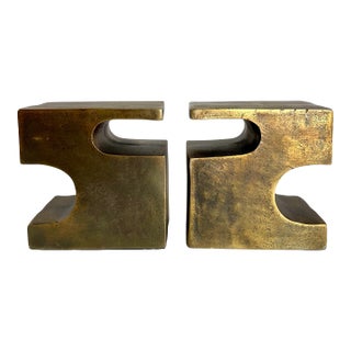 Modern Brutalist Antiqued Brass Finish Geometric Bookends For Sale