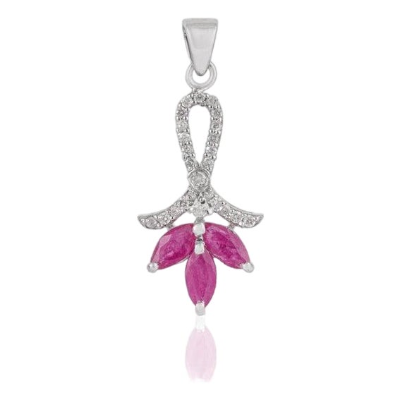 Three Stone Marquise Ruby & Diamond Pave Bail Pendant in Sterling Silver - Carat and her For Sale