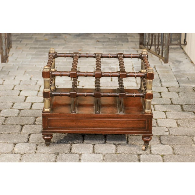 English 1940s Mahogany Magazine Rack on Casters with Faux Bamboo Accents For Sale - Image 12 of 12