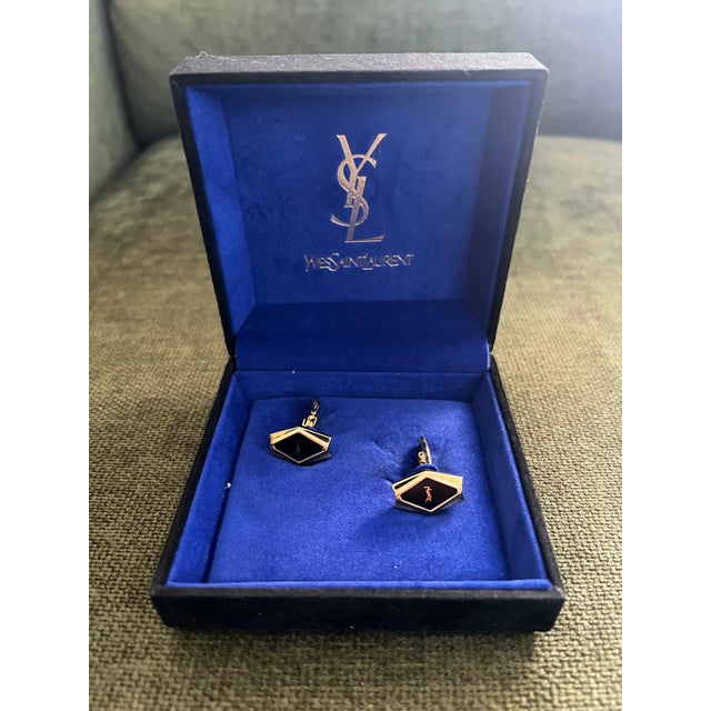 Rare YVES SAINT LAURENT "YSL" Gold Plate Cufflinks In Original Blue Velvet Case For Sale - Image 17 of 18