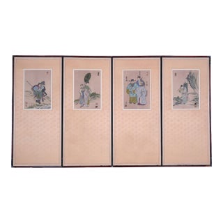 1950s Chinese Byobu Four Traditional Hand Painted and Stamped Vignettes on This 4-Panel Very Good + Condition Folding Screen For Sale