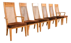 Milo Baughman Style Mid-Century Modern Burl Wood and Cane High Back Dining Chairs by Lane, Set of Six