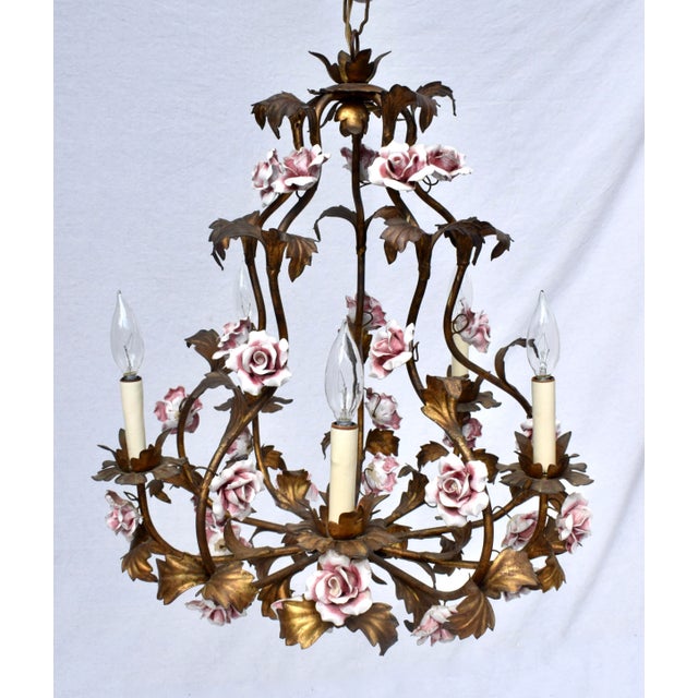 Mid 20th Century Italian Mid-Century Modern Tole Chandelier, Gold Gilt, Porcelain Roses For Sale - Image 5 of 6