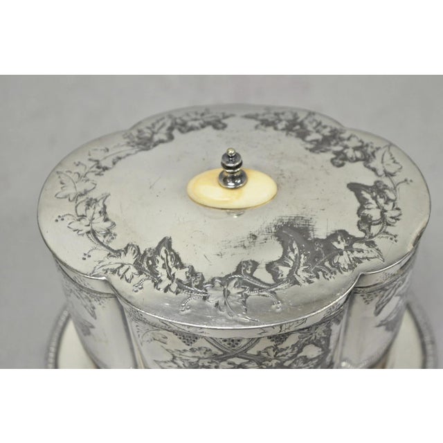 Metal Antique Victorian Silver Plated Etched Footed Hinged Biscuit Barrel Jar on Stand For Sale - Image 7 of 18