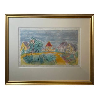 Mid 20th Century Colorful Lithograph of a Village in Normandy For Sale