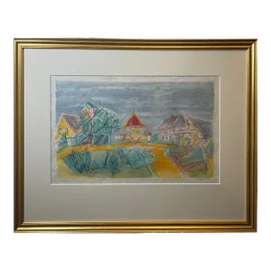 Mid 20th Century Colorful Lithograph of a Village in Normandy