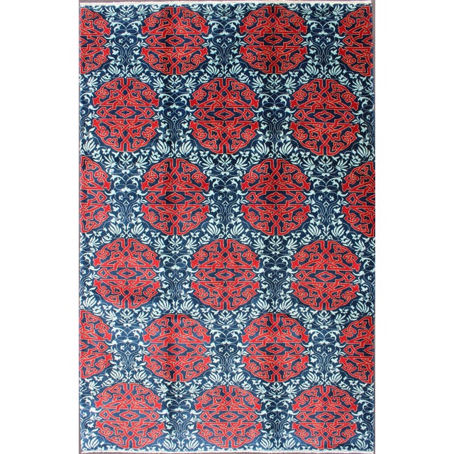 Red & Blue European Design Rug With Geometric Medallions and Vining Blossoms For Sale - Image 13 of 13