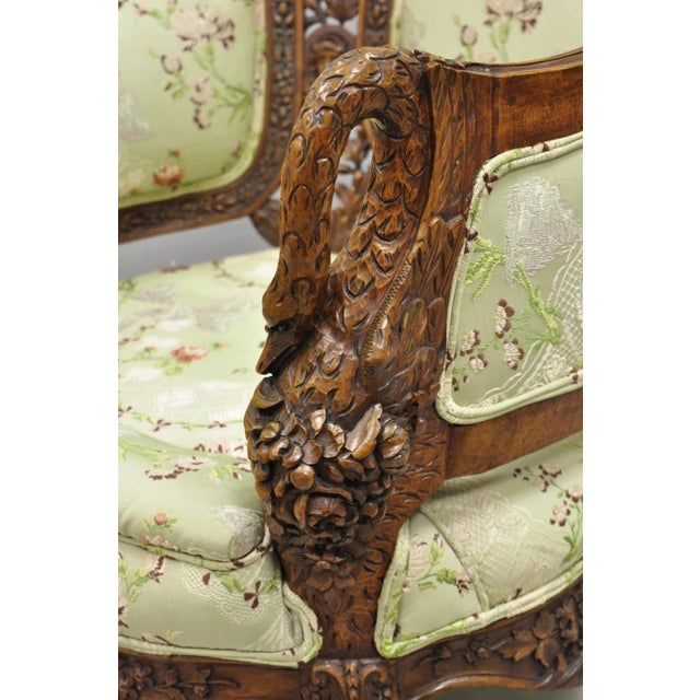 Antique Italian Regency Swan Carved Walnut French Victorian Club Lounge Chair For Sale - Image 13 of 18