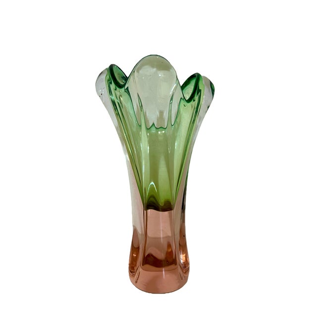 Mid-Century Modern Large 1960's Asymmetrical Green and Gentle Pink Art Glass Vase, Josef Hospodka for Chrisbska For Sale - Image 3 of 12