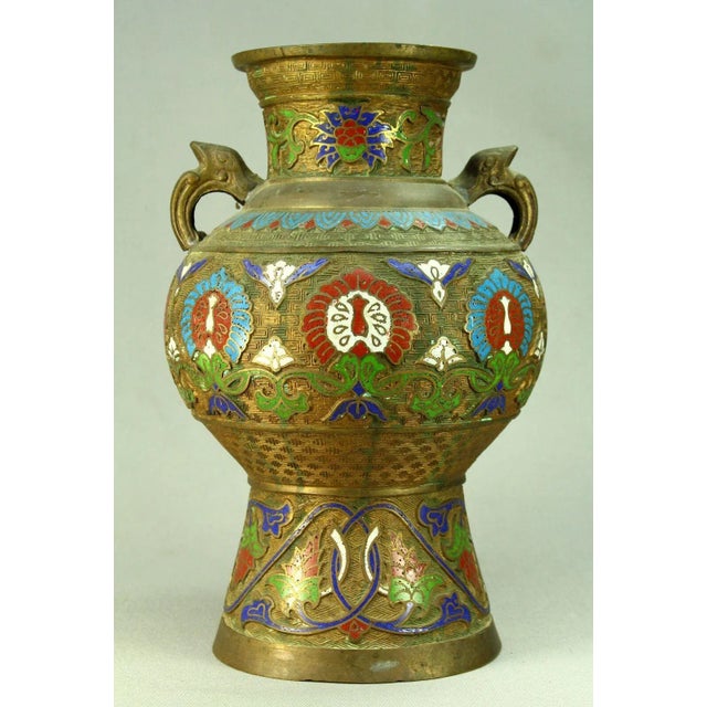 Large 12" Japanese Champleve Vase, Cast Bronze & Cloissone Enamel For Sale - Image 13 of 13