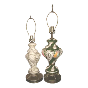 Mid-Century Capodimonte Cherubs Maidens Reticulated Table Lamps Dolphin Feet Hand Painted - Set of 2