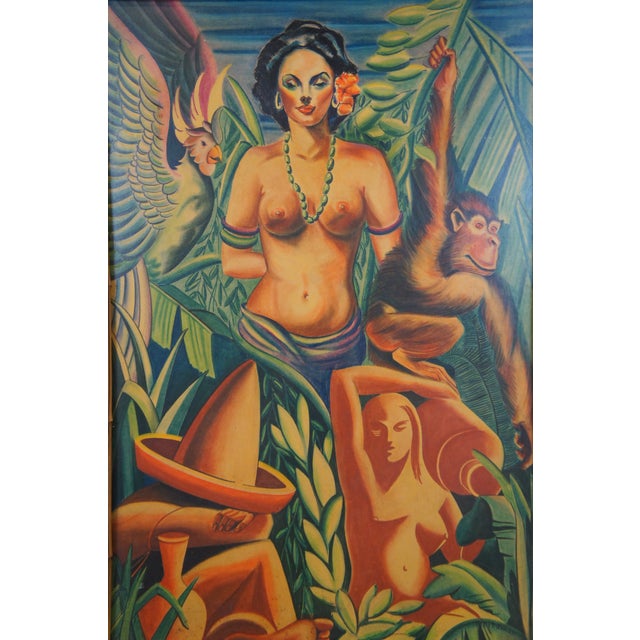 Mid 20th Century Monumental Bohemian Tiki Pastel Painting Tropical Nude Mid-Century Modern Faux Bamboo Frame 66" For Sale - Image 4 of 12
