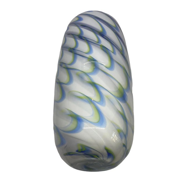 Blue Vintage Hand Blown Blue Green White Swirled Art Glass Vase by Eastern Art Glass For Sale - Image 8 of 13