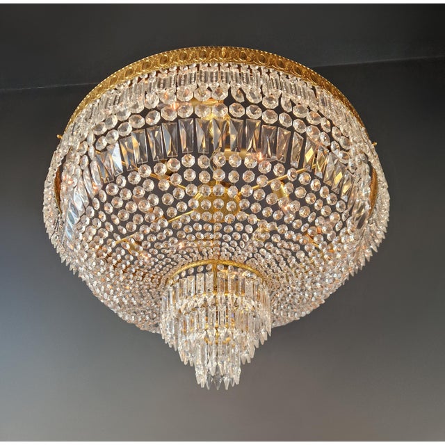 1930s 1930s Low Plafonnier Crystal Chandelier Brass Lustre Ceiling Art Deco Gold For Sale - Image 5 of 12