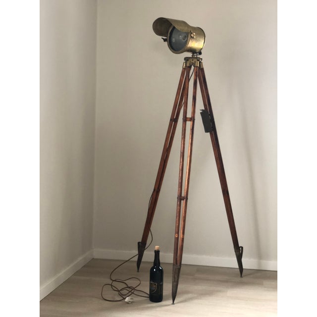 1920s Antique Industrial Brass Floor Lamp on Surveyor Tripod, Early 20th Century For Sale - Image 5 of 11