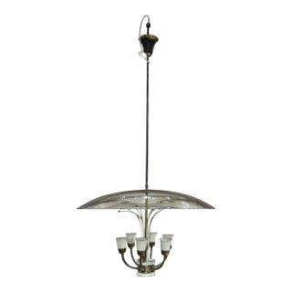 Mid-Century Mod Cut Glass Floral Brass Chandelier Attr Luigi Brusotti Italy For Sale