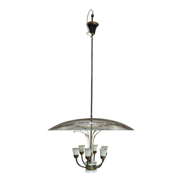 Mid-Century Mod Cut Glass Floral Brass Chandelier Attr Luigi Brusotti Italy For Sale