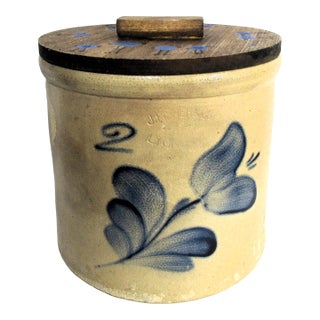 Vintage Well Weathered 2 Gallon Pickle Crock + Lid J. Fisher & Co Lyons, Ny For Sale