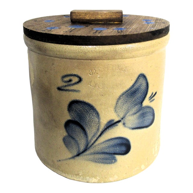 Vintage Well Weathered 2 Gallon Pickle Crock + Lid J. Fisher & Co Lyons, Ny For Sale