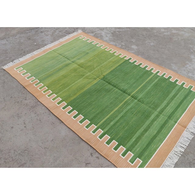 Textile Handmade Cotton Rug, Green with Light Tan Geometric Border and Cream Fringe - 6'x9' For Sale - Image 7 of 9