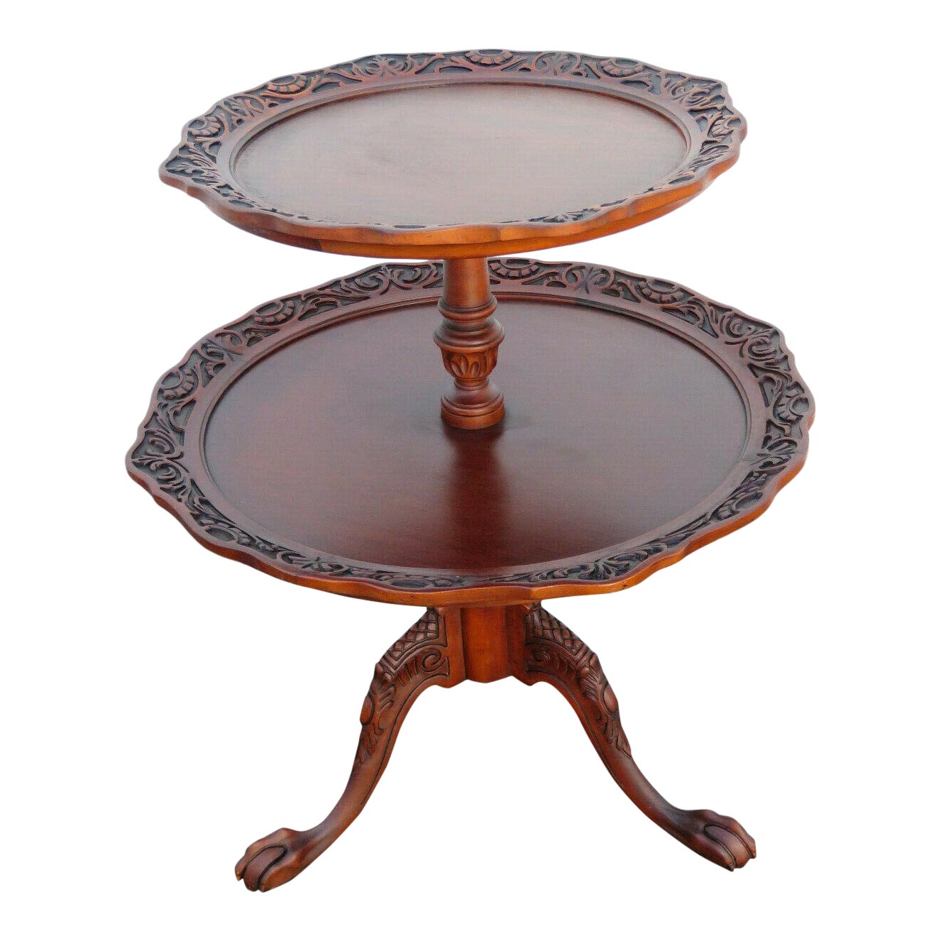 Mahogany Two Tier Hand Carved Pie Crust Round Side Table Chairish