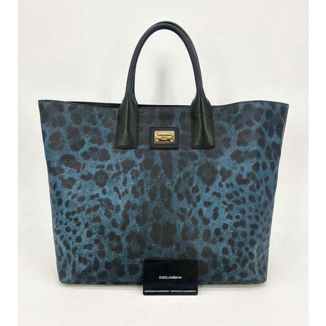 Contemporary Mid 20th Century Dolce & Gabbana Blue Leopard Print Coated Canvas Tote For Sale - Image 3 of 11