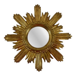 Mid 20th Century Large 18" Bright Gold Italian Giltwood Sunburst Wall Mirror For Sale